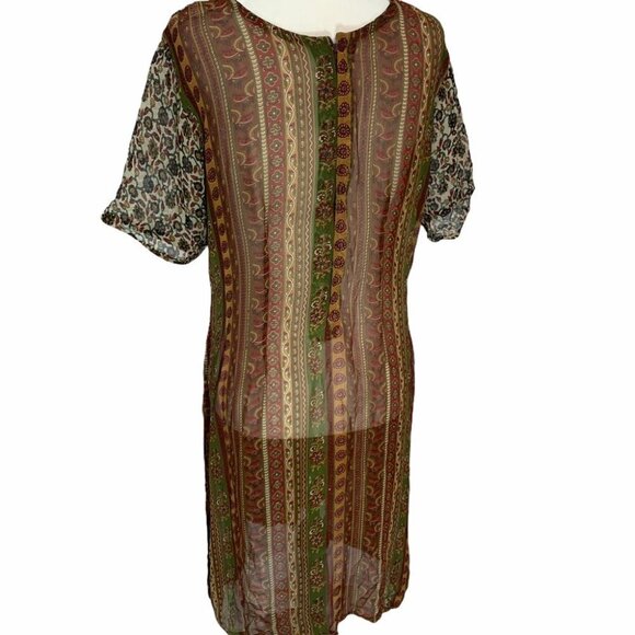 VINTAGE💐V-NECK Beige  Gauze Dress/Swimsuit Coverup L - Picture 4 of 9